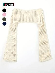 Women's Plain Hollow Out Flounce Sleeve Super Crop Cover Up, Casual Long Sleeve Boat Neck Knit Top for Daily Wear, Ladies Clothes for All Seasons, Clothes for Women
