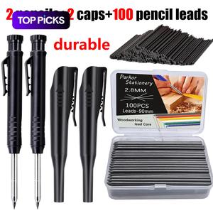 Plastic Clip 2.8mm Woodworking Pencil Set, 2 Pens & 2 Pencil Caps, 100 Leads, 2b Break-Resistant Lead, Office Stationery, Engineering Drawings, Mechanical Drawing Pencils, Office Stationery Supplies #TOP PICKS