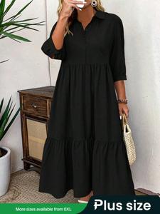LUNE Plus Size Casual Dress with Mid-Length Sleeves, Front Pleated Button Detail, Fashionable Everyday Wear for Women