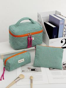 Christmas Gift Green Striped Plaid Quilted Makeup Bag, Portable Makeup Storage Bag, Multifunctional Makeup Bag, Travel Holiday Essential Makeup Bag