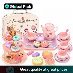 Girls Tea Party Set, Pretend Play Kitchen Toy with Dessert Cookies Donuts Teapot Spoon & Gift Box, Colorful Princess Role Play Gift for Little Girls Aged 3-6 Years Birthday, Portable Play Kitchen Accessories