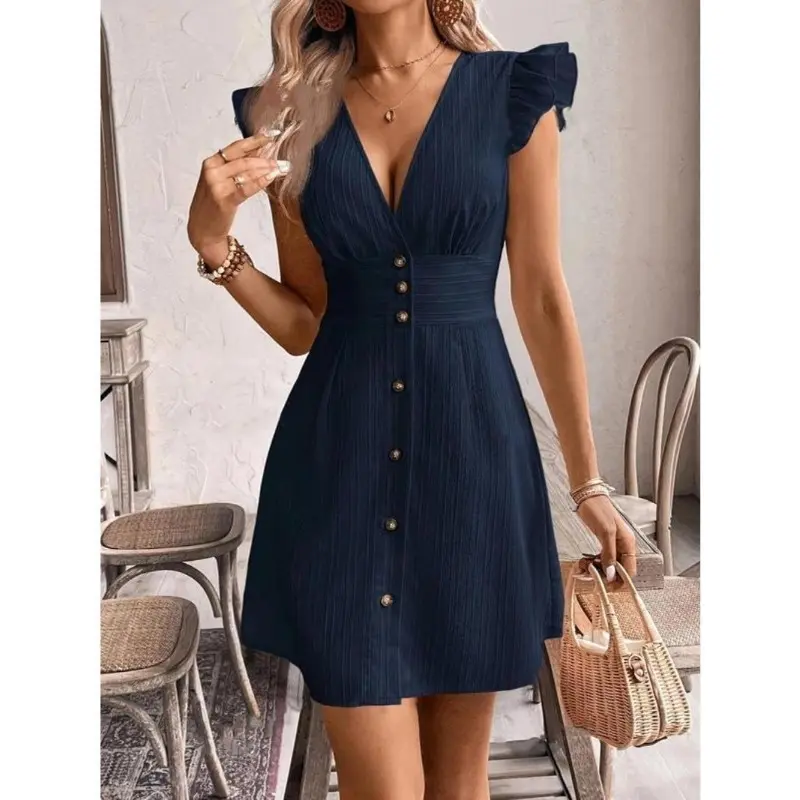 Women's Plain Front Button Dress, Elegant Butterfly Sleeve Dress for Summer, Ladies Clothes for Daily Wear