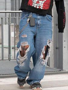 Men's Street Style Ripped Straight Leg Jeans, Loose Fashion Casual Denim Pants for Daily Outdoor Wear, Men Trousers for Spring & Fall, Cotton