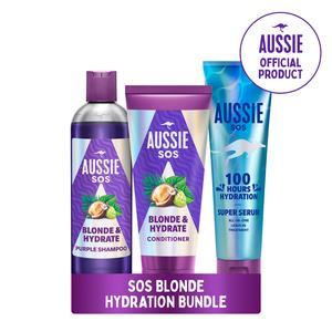 Aussie SOS Blonde Bundle: Purple Shampoo, Conditioner and Super Serum Leave In Treatment For Dry Hair. 100 Hours of Hydration