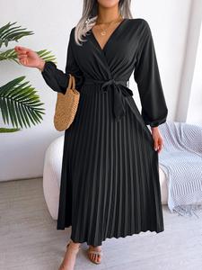 Women's Mean Girls Plain Belted Wrap Vneck A Line Pleated Dress, Elegant Chic Comfort Bishop Sleeve Midi Dress for Spring & Fall, Lady Fashion Dresses for Holiday Party Work Business