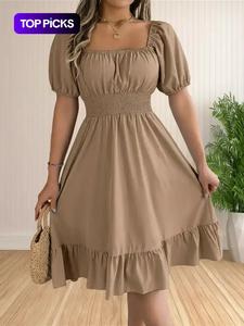 Women's Plain Ruffle Hem Shirred A Line Dress, Casual Puff Sleeve Square Neck Knee Length Dress for Summer, Women's Clothing for Daily Wear