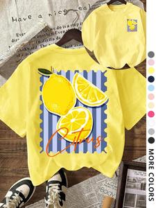 Lemon Print Fruit Summer Vacation Loose Fit T-Shirt, Casual Youth Fashion, Comfortable Campus Style, Dual-Sided Printed, Daily Wear