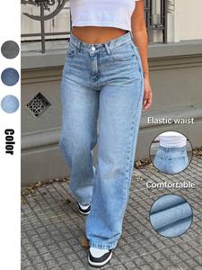 Women's Fashion Wide Leg Jeans Pants, Elastic Waist Design, Mid Waist Comfortable Daily Wear, Casual Loose Fit, All Seasons