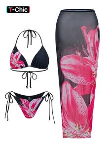 Women's Floral Print Halter Bikini Set, Casual Tie Back Swim Top & Tie Side Swim Bottom & Cover Up Skirt Set, Ladies Swimsuit for Beach Holiday, Floral Print Bikinis, Floral Print Swimsuits