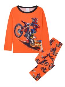 Kids' Digital Print Long Sleeve Top & Pants Set, Motorcycle Cartoon Pattern, Casual Loose Fit Home Wear, All Seasons Comfortable Sleepwear