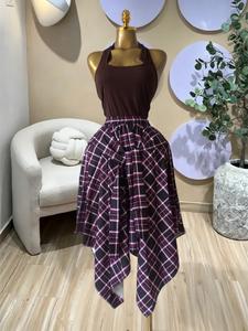 PULKRITU Elegant Women's Halter Top and Asymmetrical Plaid Ruffle Skirt Two-Piece Set, High Waist Unmatched Matching, Casual Beach Resort Birthday, Vacation Street Lady Two-Piece Set,Female Fashion 2 Piece Co-ord Set, Outfit