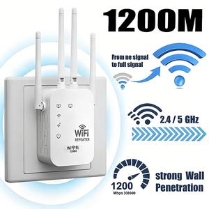 WiFi Repeater, WiFi Extender,1200Mbps Dual Band (5GHz/2.4GHz) Signal Booster, 4-Antennas, 2 LAN Ports, Intelligent Signal Light, Repeater/Router/AP Mode, Wider Coverage, Quick Setup, For Home/Office,UK Plug