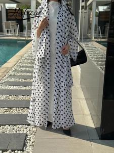 Hafizah Polka Dot Long Cardigan Set, Chiffon Flowy Outerwear with Scarf, Plus Size Loose Fit Women's Two-Piece, All Seasons