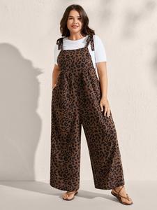 Women's Plus Size Loose Sleeveless Leopard Print Romper Casual Comfy Jumpsuit, Wide Leg Pants with Pockets and Adjustable Knot Straps, Summer Casual Date Style