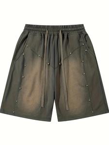 Men's Letter Embroidery Rivet Decor Shorts, Loose Casual Comfy Breathable Shorts for Summer, Men's Bottoms for Daily Wear, Casual Athleisure Shorts, Menswear, Casual Pocket Shorts