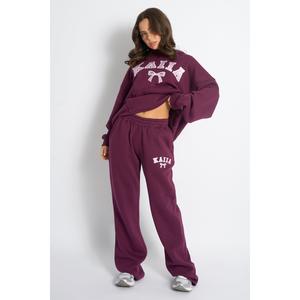 Kaiia Bow Embroidered Ribbed Waistband Wide Leg Joggers Plum & Baby Pink