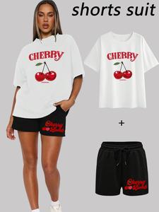 Women's Cherry Print Short Sleeve T-shirt & Drawstring Waist Shorts Two-piece Set, Casual Fashion Cozy Tee & Shorts for Daily Outdoor Wear, Ladies Summer Clothes, Womenswear, Outfit Sets Women, Warm Weather Outfits, Casual Lounge Set, Summer Sleep Set