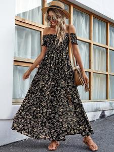 Women's Frenchy Style Boho Style Split Thigh A Line Short Sleeve Dress, Summer Long Dress for Beach Vacation, Milkmaid Dress, Dresses for Women, Wedding Guest Dress, Lady Sundresses, Womenswear, Floral Print Ruffle, Casual Bohemian Dress, Clothes