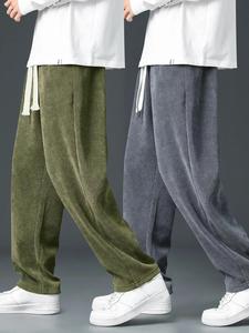 Men's Solid Pocket Drawstring Waist Corduroy Pants, Loose Casual Comfy Straight Leg Trousers for Fall & Winter, Men's Bottoms for Daily Wear