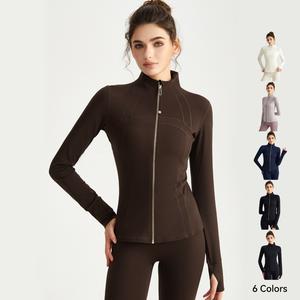 Women's Autumn Winter Sports Jacket UK Slim-Fit Slimming Yoga Top Long-Sleeve Stand Collar Finger Loop Cuffs Elegant