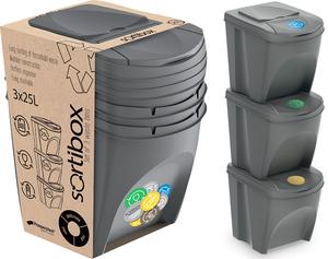 Set of 3 25 Litre Stackable Recycling Bins Storage Box with Lid, Grey Recycle Bin Organisers with Stickers, Garbage Home Kitchen Bin with Lids