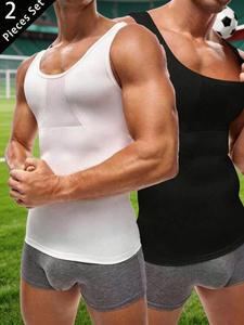 Men's Two-Piece Compression Vest Solid Shapewear Set, Breathable High Elastic Slimming Underwear, Wide Shoulder Straps, Suitable for Sports and Daily Wear