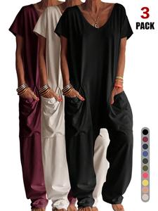 2026 Women's Casual Jumpsuit, Short-Sleeve V-Neck Harem Pants, Loose Fit Wide Leg, Perfect for All Seasons, Stylish & Comfortable