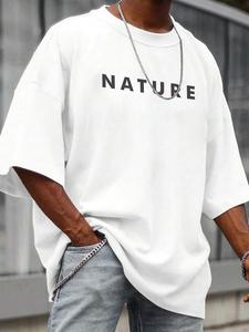 Men's Letter Print Round Neck Tee, Loose Casual Fashion Short Sleeve T-shirt for Summer, Men's Top for Daily Wear, Tropical