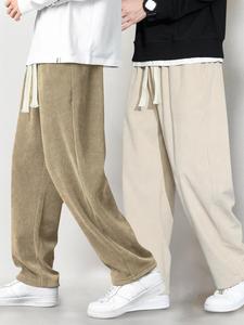 Men's Solid Color Pocket Design Drawstring Waist Corduroy Pants, Loose-Fitting Casual Comfy Straight Leg Trousers for Fall & Winter, Men's All-Match Bottoms for Daily Wear