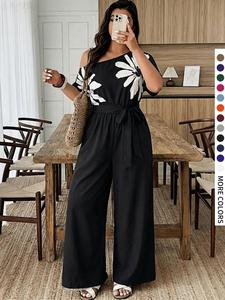 Plus Size Women's Casual Solid Color Print Short Sleeve off Shoulder Jumpsuit, Slanted Straps Pockets Belted Long Pants Comfort Elegant Fashion Design