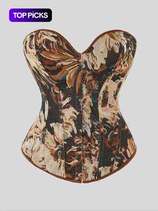 Women's Floral Print Shapewear Tops, Fashionable Lace Up Closure Corset, Tummy Control Shaper for Women