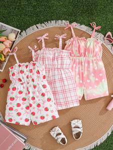 Three-Piece Baby Girl Romper Set, Tie-Dye Heart Grid Strawberry Pattern, Perfect for Summer and Valentine's Day, Daily Wear