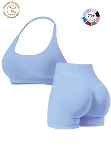 Women's Halter Neck Sports Bra & High Waist Shorts Set, Seamless Slim Fit Workout, Breathable Quick Dry for Yoga Running Casual Wear