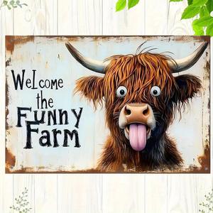 Highland Cow Welcome To The Funny Farm Sign, Vintage Metal Sign, Vintage Farmhouse Wall Decor, Waterproof & Weatherproof Wall Decor for Home, Living Room, Bedroom
