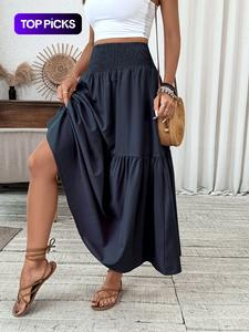 Women's Floral Casual A-Line Skirt, Elastic Waist Pockets, Leaf Hem, Long Fitted Skirt, Fashionable Mid-Length Dress