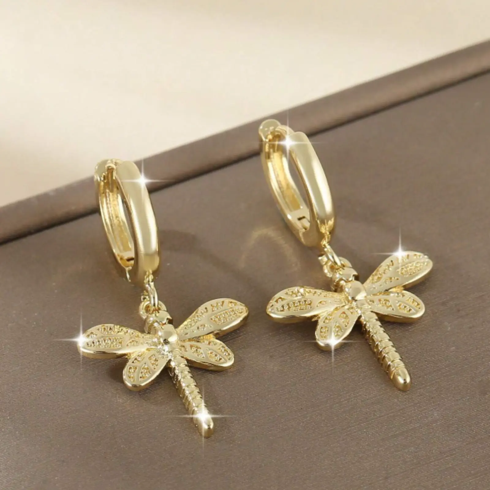 Pair of Vintage 10k Gold Plated Dragonfly Pendant Earrings, Minimalist Animal Jewelry, Gift for Women on Birthday or Date