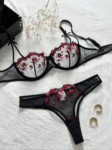 Women's Floral Embroidered Sheer Sexy Lingerie Set, Naughty Lingerie, Lady Adjustable Strap Fit Bow Decor Underwire Bra & Thong, Soft Breathable Fabric Lingerie Set for Women, Feminine Underwear Sets, Womenswear