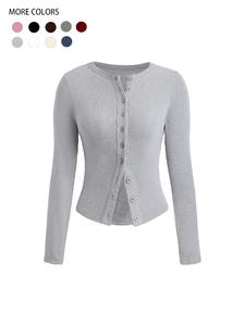 Women's Plain Button Front Ribbed Tee, Casual Long Sleeve Round Neck T-Shirt for Spring & Fall, Women's Top for Daily Wear