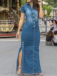 Women's Button Split Hem Denim Dress, Casual Short Sleeve Collared Long Denim Dress for Summer, Ladies Clothes for Daily Wear, Womenswear