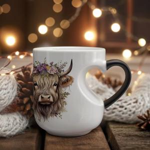 1pc Scottish Highland Cow Magical Mug with Heart-Shaped Handle & Scottish Cow Design - Ceramic Tea/ Cup, Hand Wash Only, Reusable Gift for &, Birthdays, Cartoon Themed Gifts 11oz