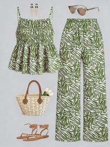 Casual Basic Vacation Strapless Matching Set, Top and Printed Wide Leg Pants, 2 Piece Set for Daily Wear, Spring Summer Clothing, Womenswear