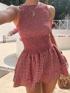 Plaid Sleeveless Elastic Shirred Dress, Waist Cinching Cake Skirt, Sweet Spicy Style, Vacation Short Dress, Party Gift