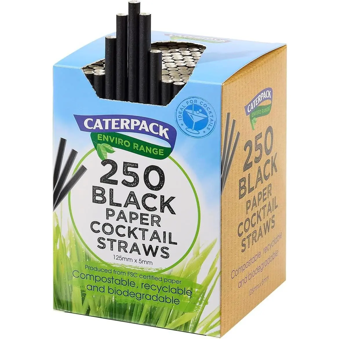 Caterpack Enviro Range Paper Cocktail Straws 250 Pack, 125 x 5mm, Ideal for Cocktails, Fully Recyclable, Biodegradable and compostable. Strong & Sustainable.