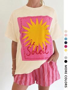 Women's Cartoon Sun Print Round Neck Graphic Tee, Vintage Trendy Casual Short Sleeve T-shirt for Daily Wear, Ladies Summer Outfit, Top