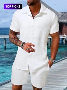 Men's Regular Fit Short Sleeve Pajama Two-piece Set, Casual Comfy Button Up Top & Shorts Pj Set, Men's Summer Sleepwear, Sleeping Clothes