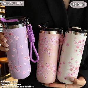 500ML Cherry Blossom Pattern Stainless Steel Insulated Coffee Cup, Travel Mug, Tea Cup, Water Bottle, Ideal for Office, Home, Car, Gifts