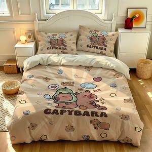 Cartoon Capybara Duvet Set 3pcs Set Sleepy Capybara Printed Decorative Duvet Cover Set - Soft & Comfortable, Single & Double Bed, Bed Sets Supplies, Excludes Filling, Perfect Gift for Cartoon Enthusiasts - Includes 1 Duvet Cover + 2 Pillowcases