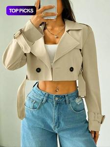 Women's Solid Double Button Belted Lapel Neckline Crop Trench Coat, Casual Long Sleeve Crop Outerwear for Spring & Fall, Women's Clothing for Daily Wear， Going Out Tops, Clothes for Women