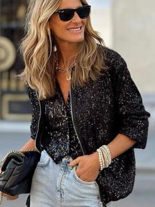 Sequin Baseball Jacket for Women, Stylish Sparkling Zip-Up Jacket Perfect for Parties and Everyday Wear, Trendy Casual Fashion