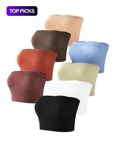 Women's 8pcs Minimalist Solid Wireless Tube Top, Summer Clothes Women, Push Up Bra, Strapless Bra, Casual Comfortable Basic Cozy Ribbed Strapless Lingerie Top for Lady Daily Wear, Breathable Women's Lingerie for Spring & Summer, Womenswear